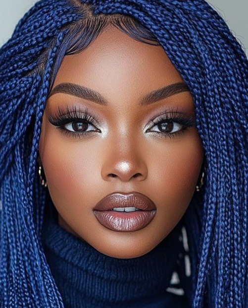 Close-up portrait of a woman with blue box braids and flawless makeup wearing a dark blue turtleneck