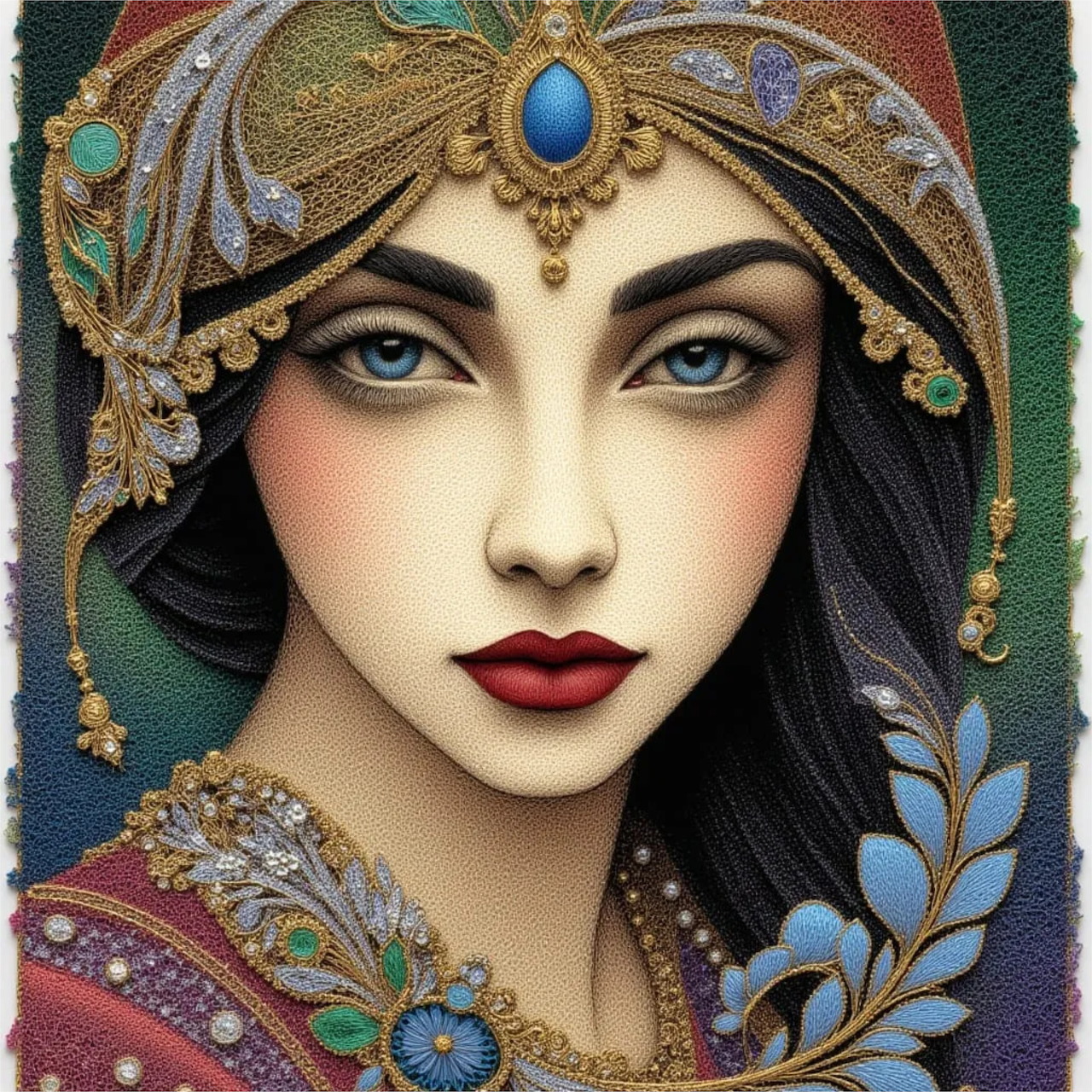 Portrait of woman in ornate golden headdress with jewels and art nouveau styling