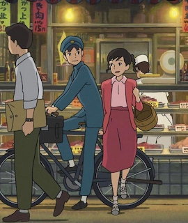 Anime boy and girl standing beside a bicycle outside a Japanese market, Studio Ghibli style