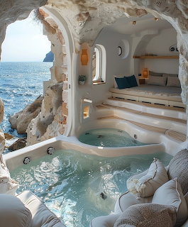 White curved terrace with hot tub and ocean view through cave opening