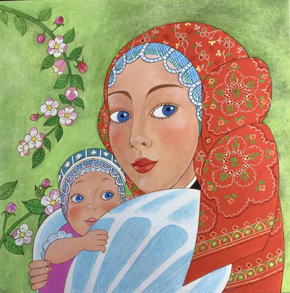 Illustration of a mother and child in floral headscarves beside pink blossoms