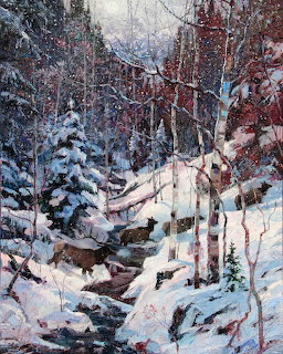 Painting of deer moving through a snowy woodland with birch trees and a small icy creek in winter