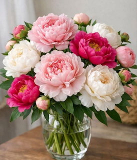 Arrangement of pink, white, and magenta peonies in glass vase