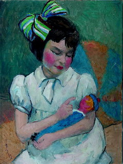 Expressionist painting of girl in white dress with striped bow holding colorful doll