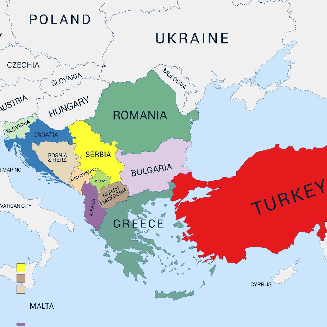 Political map of southeastern Europe with labeled countries including Greece, Turkey, Romania, and Bulgaria