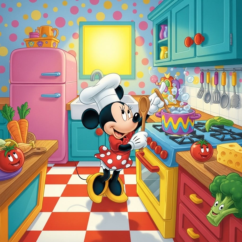 Minnie Mouse standing in a bright, colorful cartoon kitchen with polka dot wallpaper and checkered floor