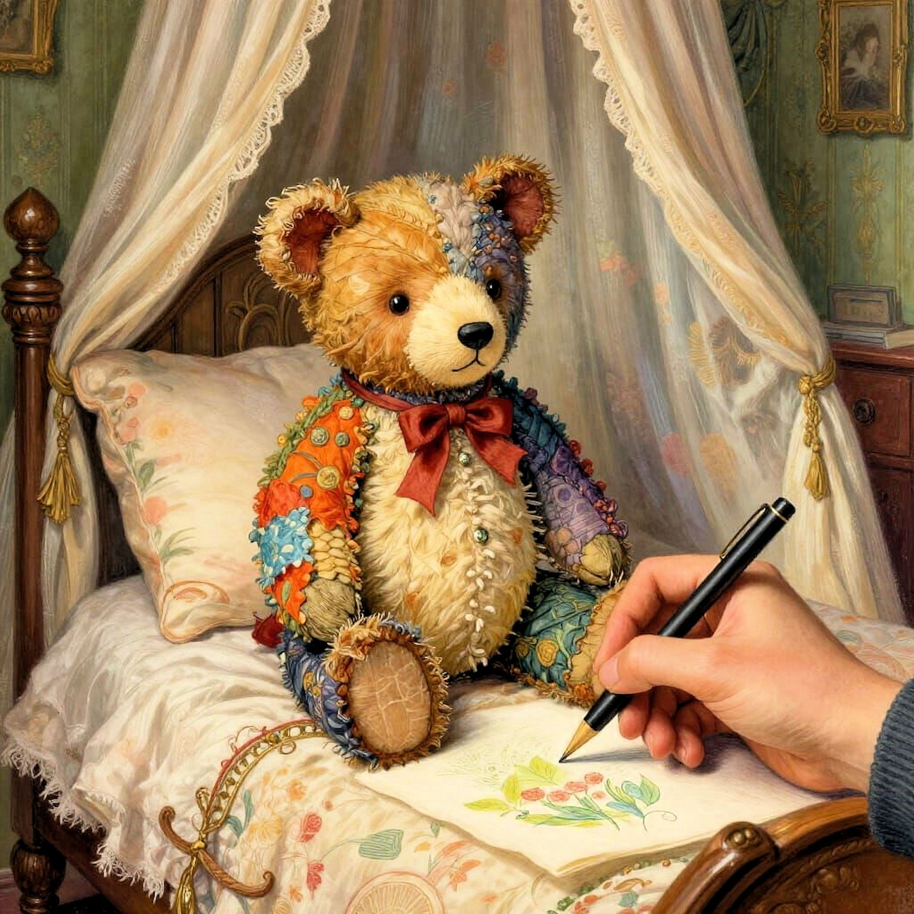 Colorful patchwork teddy bear on bed next to hand drawing a sketch