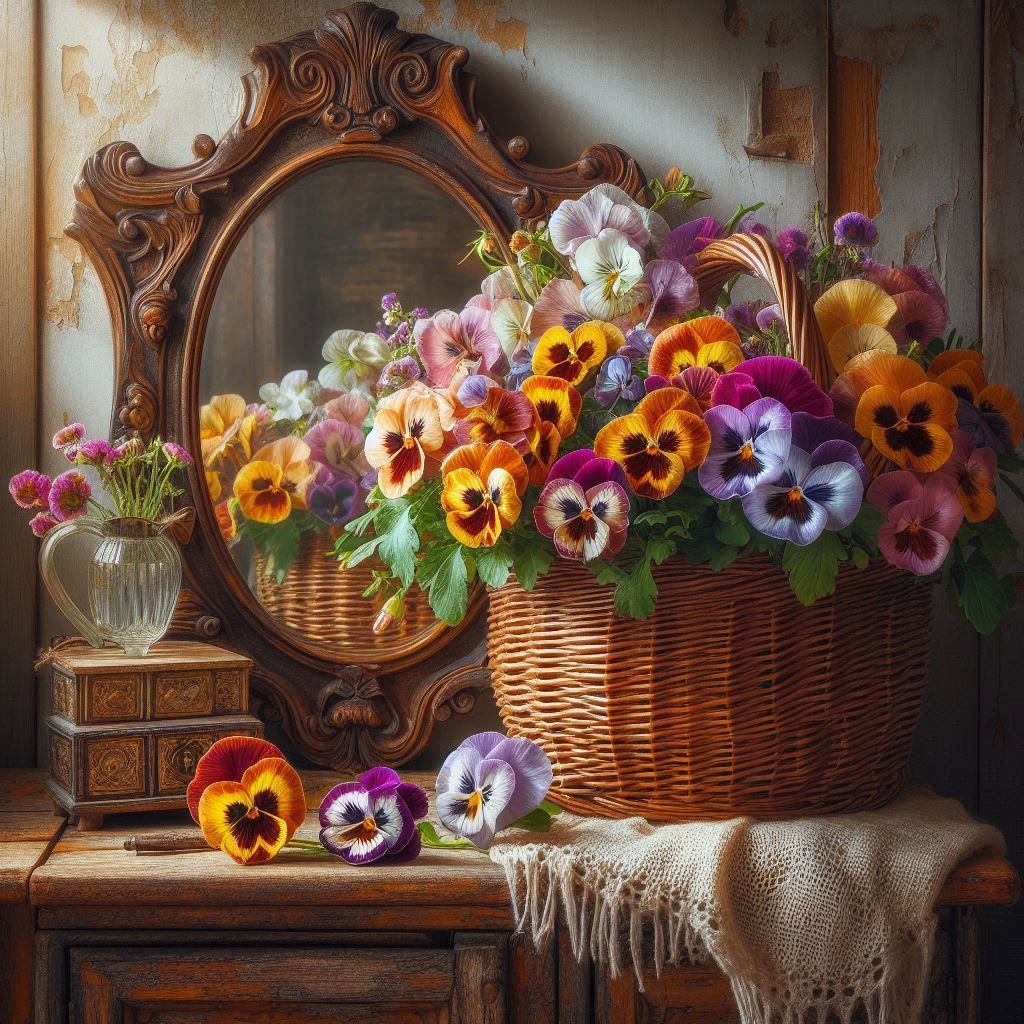 Vibrant pansies in wicker basket beside ornate mirror on rustic wooden table