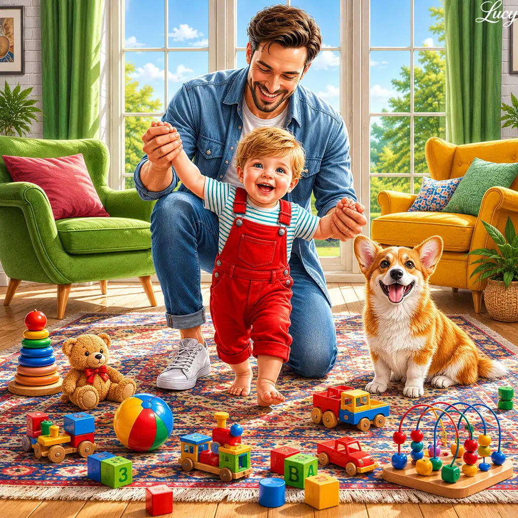 Father kneeling with toddler in red overalls, playing with toys and corgi puppy in sunny living room