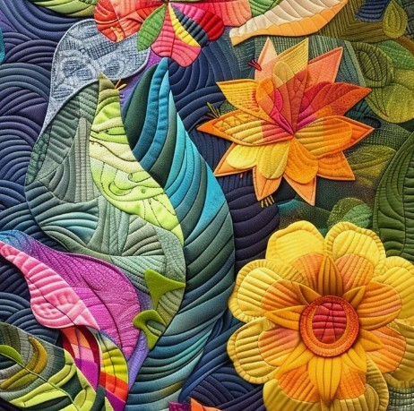 Vibrant fabric quilt with stitched flowers and leaves in yellow, orange, green and blue