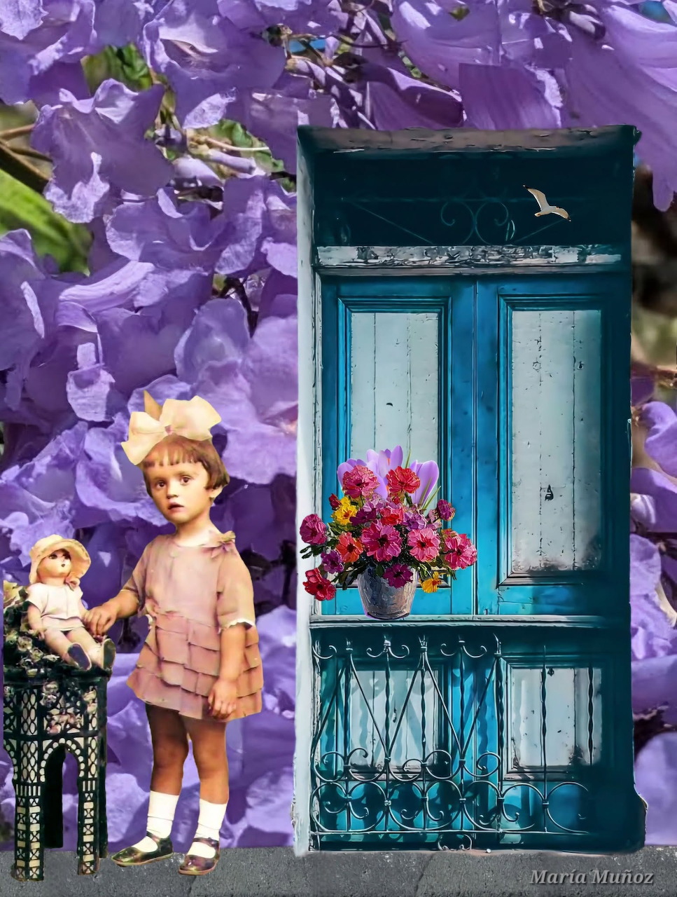 Vintage dolls standing near turquoise window with purple wisteria flowers and colorful bouquet