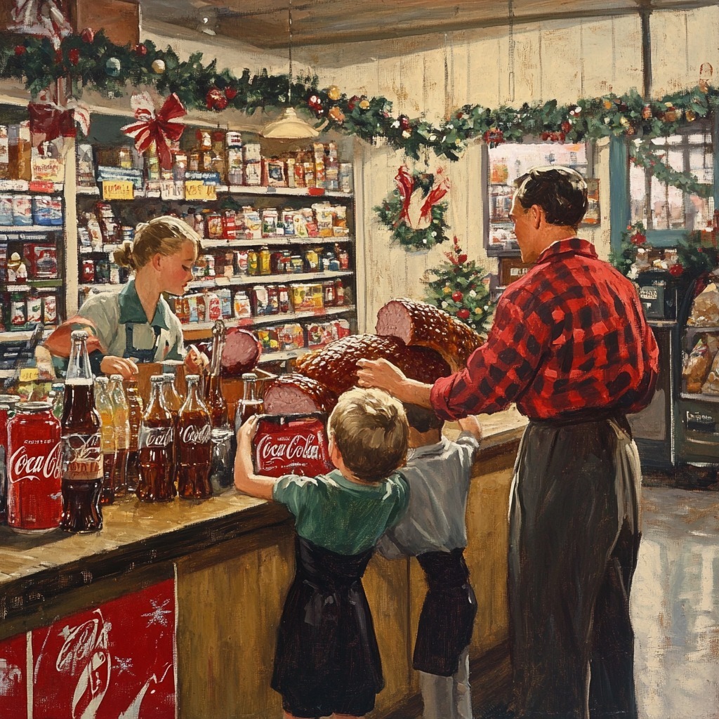 Family at vintage 1950s Coca-Cola store counter with Christmas decorations