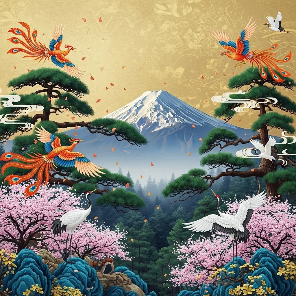 Stylized Mount Fuji surrounded by colorful phoenix birds, cherry blossoms, pine trees and cranes in Japanese art style