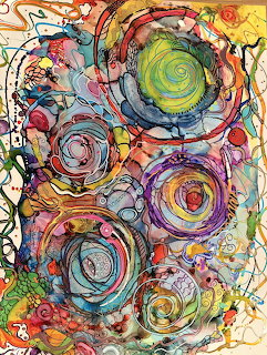 Abstract painting with multiple colorful spiral circles and expressive paint splatters in vibrant hues