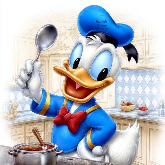 Donald Duck in a kitchen holding a spoon over a cooking pot