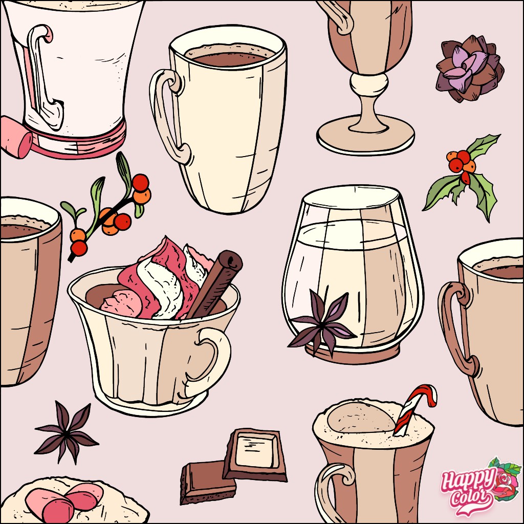 Pattern of illustrated hot chocolate mugs, coffee drinks, candy canes, and holly on pink background
