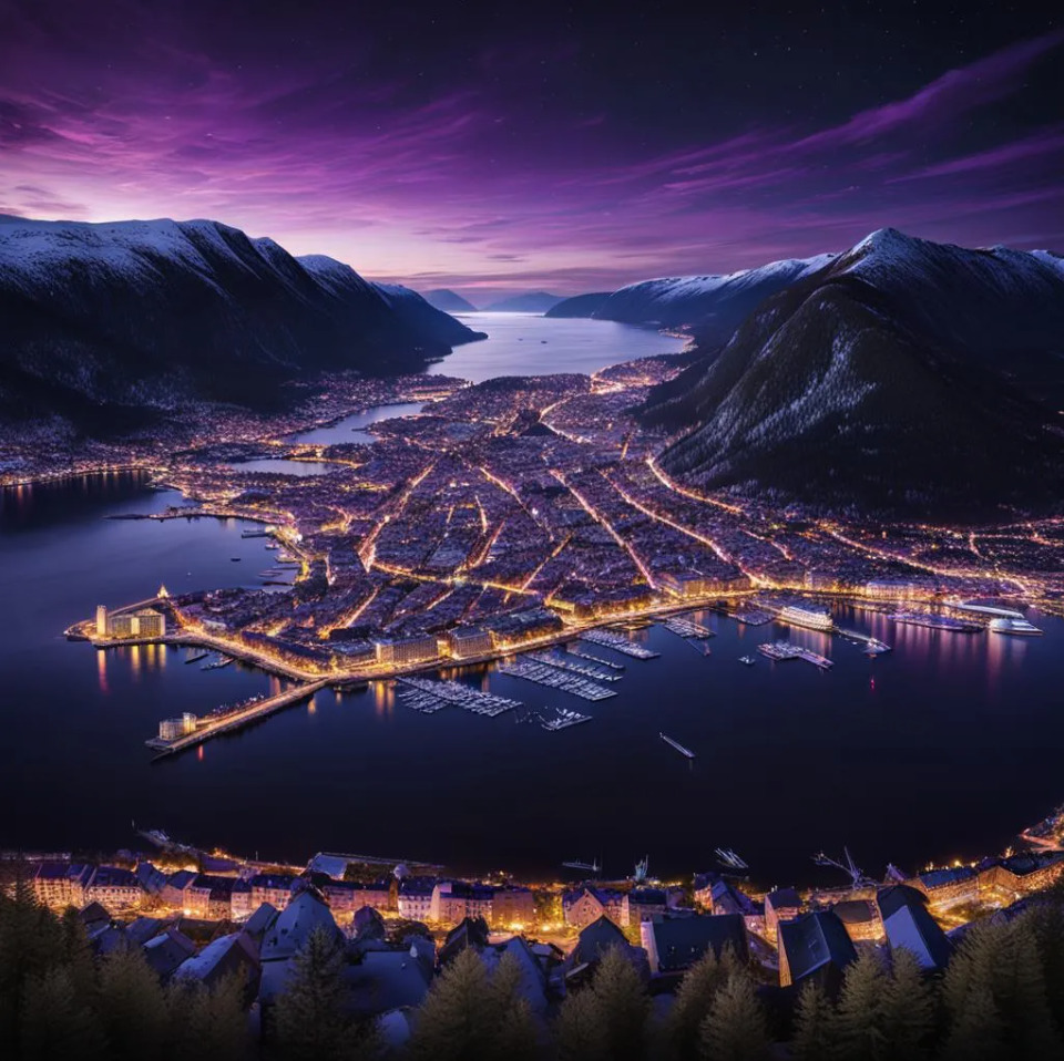 Aerial twilight view of Bergen city lights along fjord with mountains and purple sky