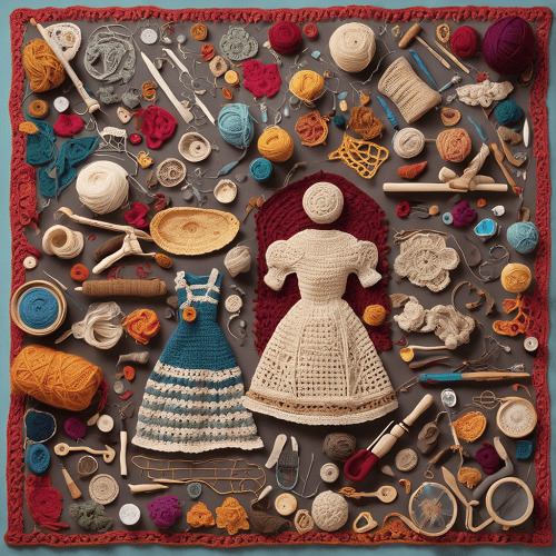 Flat lay of crocheted dresses, yarn, hooks, buttons, and sewing tools on fabric