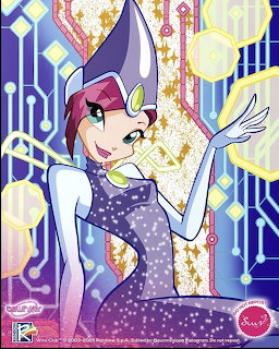 Animated fairy character Techna from Winx Club with white hair, purple dress, and magical effects on geometric background