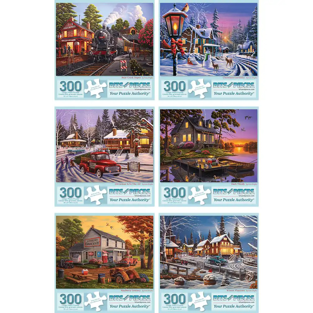 Collage of six 300-piece puzzle box covers with cottages, cabins, and winter landscape scenes