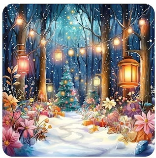 Illustrated snowy forest path with glowing lanterns, a Christmas tree, and colorful flowers