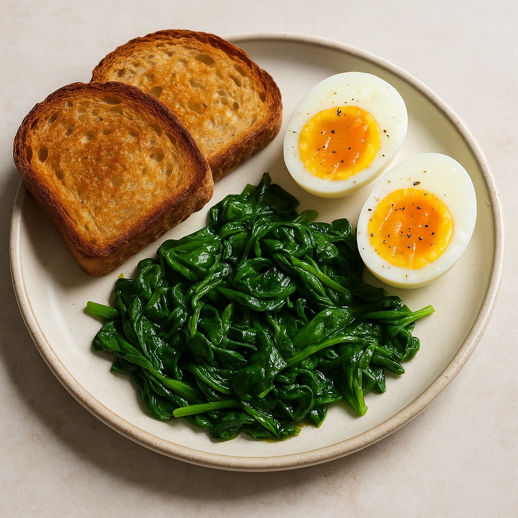 Breakfast plate with toast, soft-boiled eggs, and sautéed spinach on a cream-colored dish