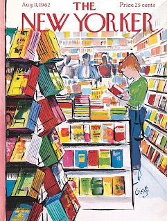 Illustrated bookstore scene with customers browsing colorful books on shelves and tables