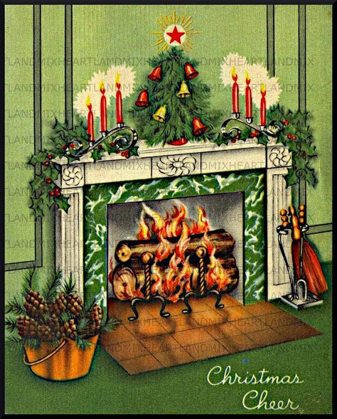 Christmas Fireplace Vintage Card