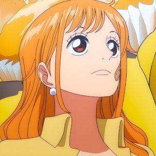 Close-up anime portrait of Nami with orange hair looking upward