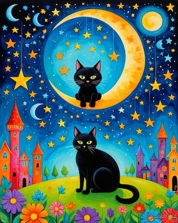 Two black cats under a crescent moon surrounded by stars, castles, and flowers in a whimsical nighttime scene