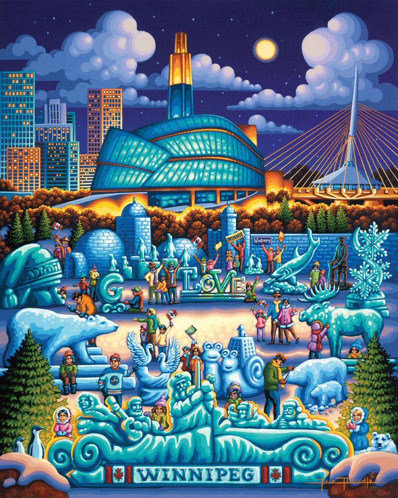 Vibrant illustrated poster of Winnipeg landmarks including the Canadian Museum for Human Rights and Esplanade Riel bridge at night