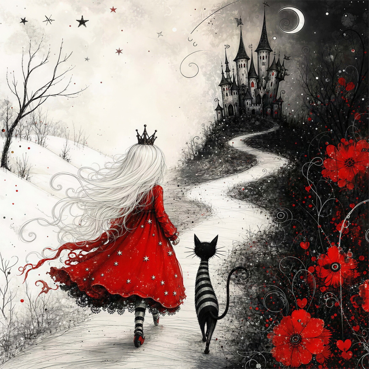 Princess in red dress with crown walking beside black cat on path to gothic castle under moon with red flowers