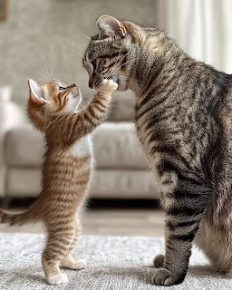 Orange kitten on hind legs reaching up to touch noses with gray tabby cat