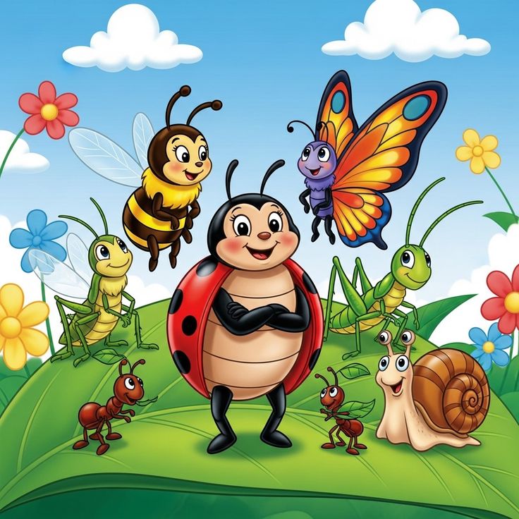 Cartoon garden scene with smiling ladybug, bee, butterfly, caterpillar, snail and ants surrounded by colorful flowers