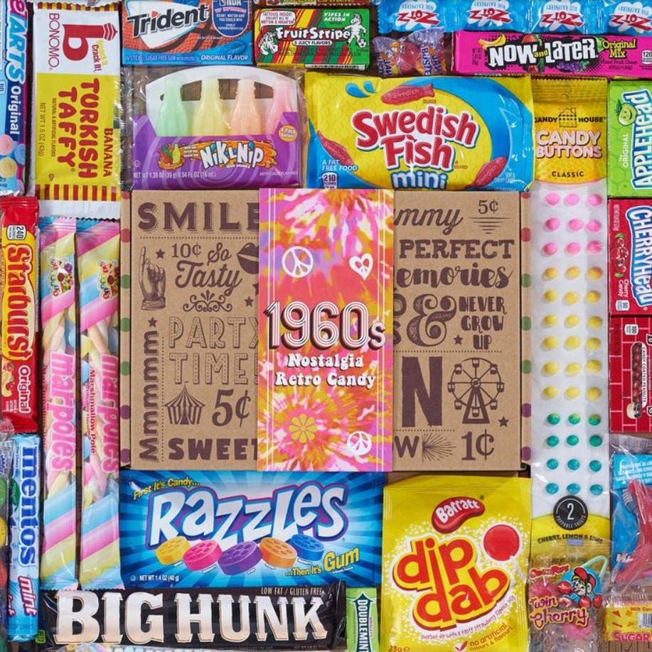 Collage of vintage 1960s candy boxes and wrappers including Razzles, Swedish Fish, and Charms arranged in colorful grid