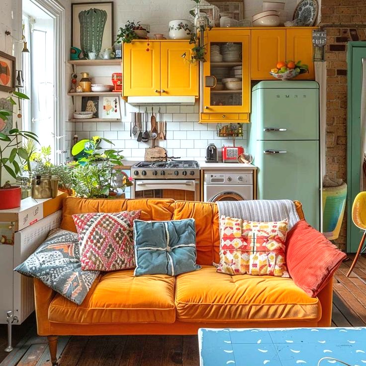 Bright kitchen and living room with orange couch, yellow cabinets, mint fridge, colorful pillows and plants
