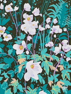 Painting of white anemone flowers surrounded by teal leaves, green ferns, and dark foliage