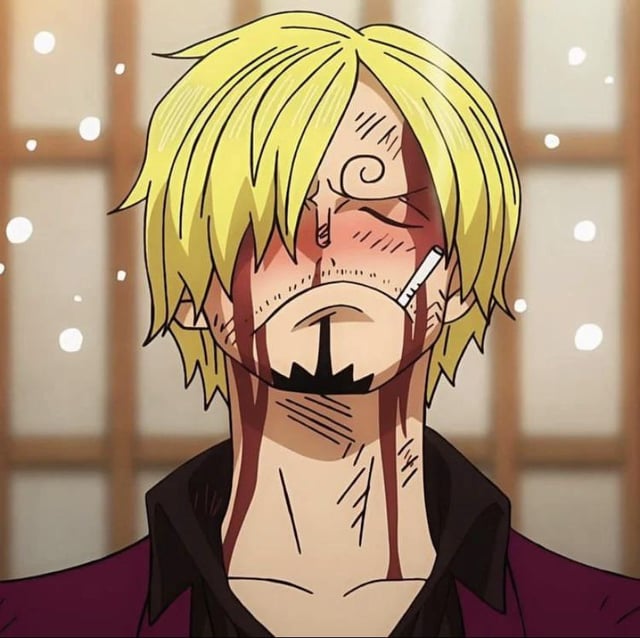 Anime character Sanji with blond hair, facial bruises, and a cigarette in his mouth