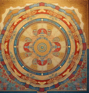 Ornate circular Tibetan mandala with concentric decorative rings and Buddhist symbols in warm earth tones