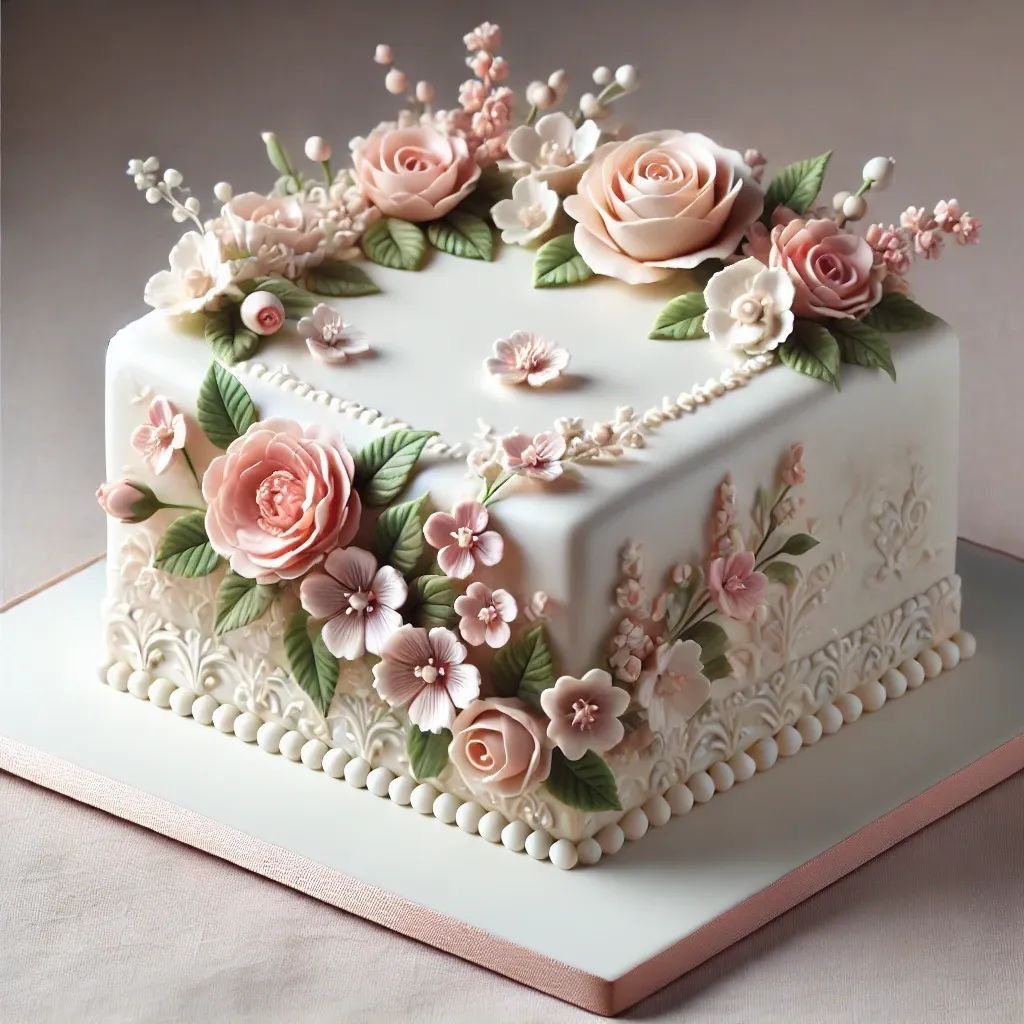 White square cake with pink sugar roses, blossoms, and green leaves