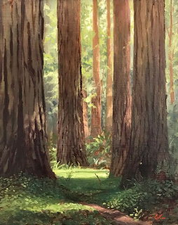 Painting of tall forest trees with sunlight on a grassy path