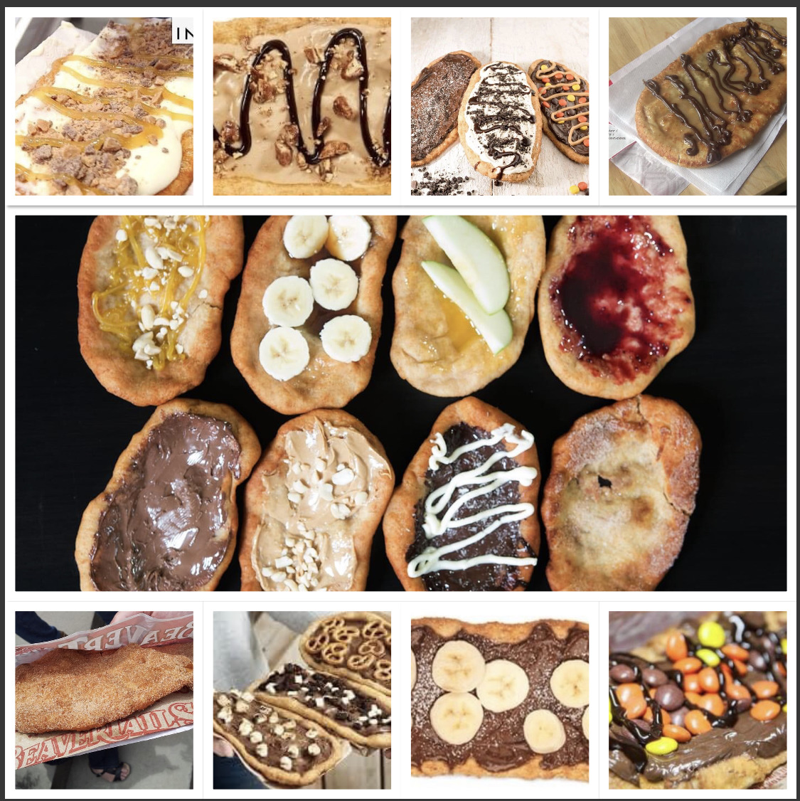 Collage of decorated donuts with diverse toppings arranged on wooden boards in grid layout
