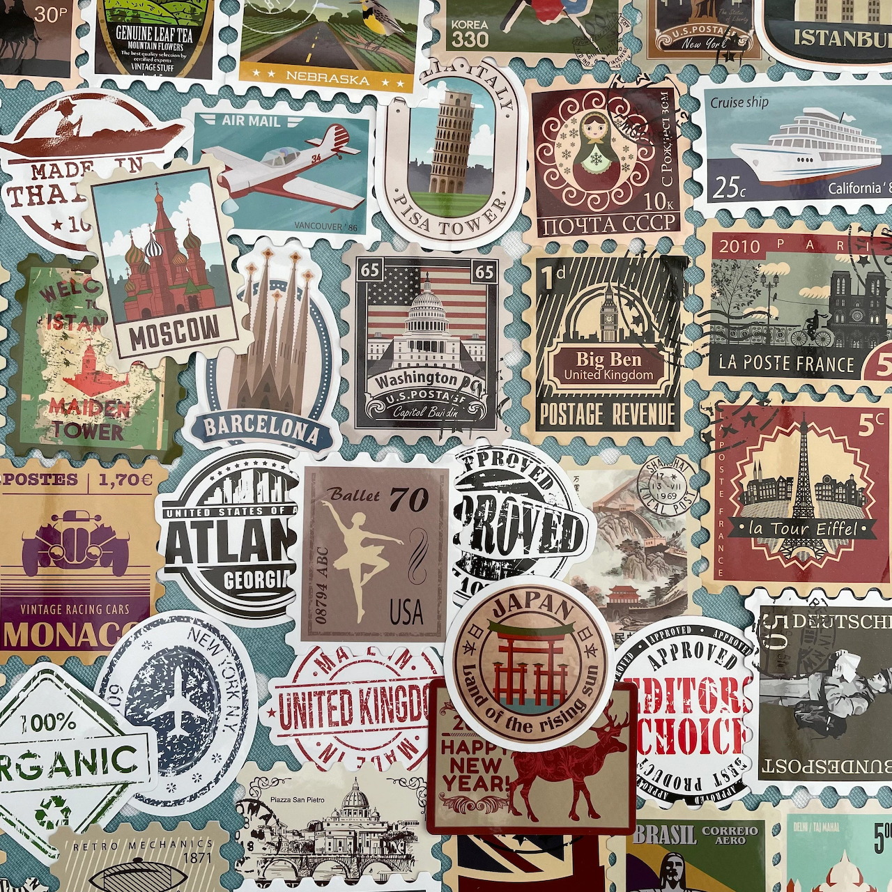 Collage of vintage travel stamps and postage stickers with retro designs featuring various world destinations