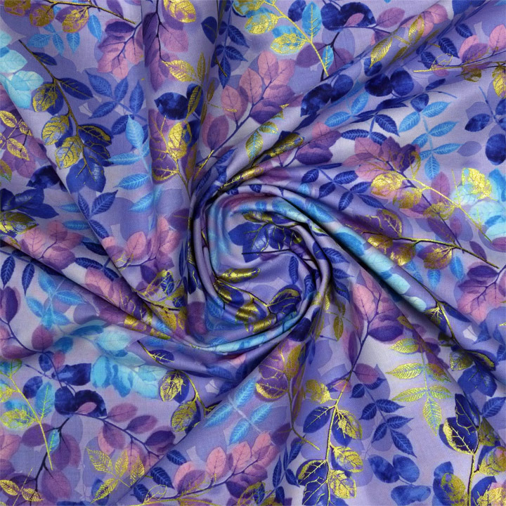 Purple and blue floral fabric twisted into a spiral pattern