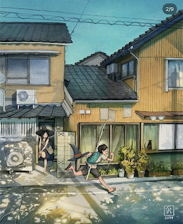 Illustration of traditional Japanese houses along a quiet street with power lines and a person with bicycle