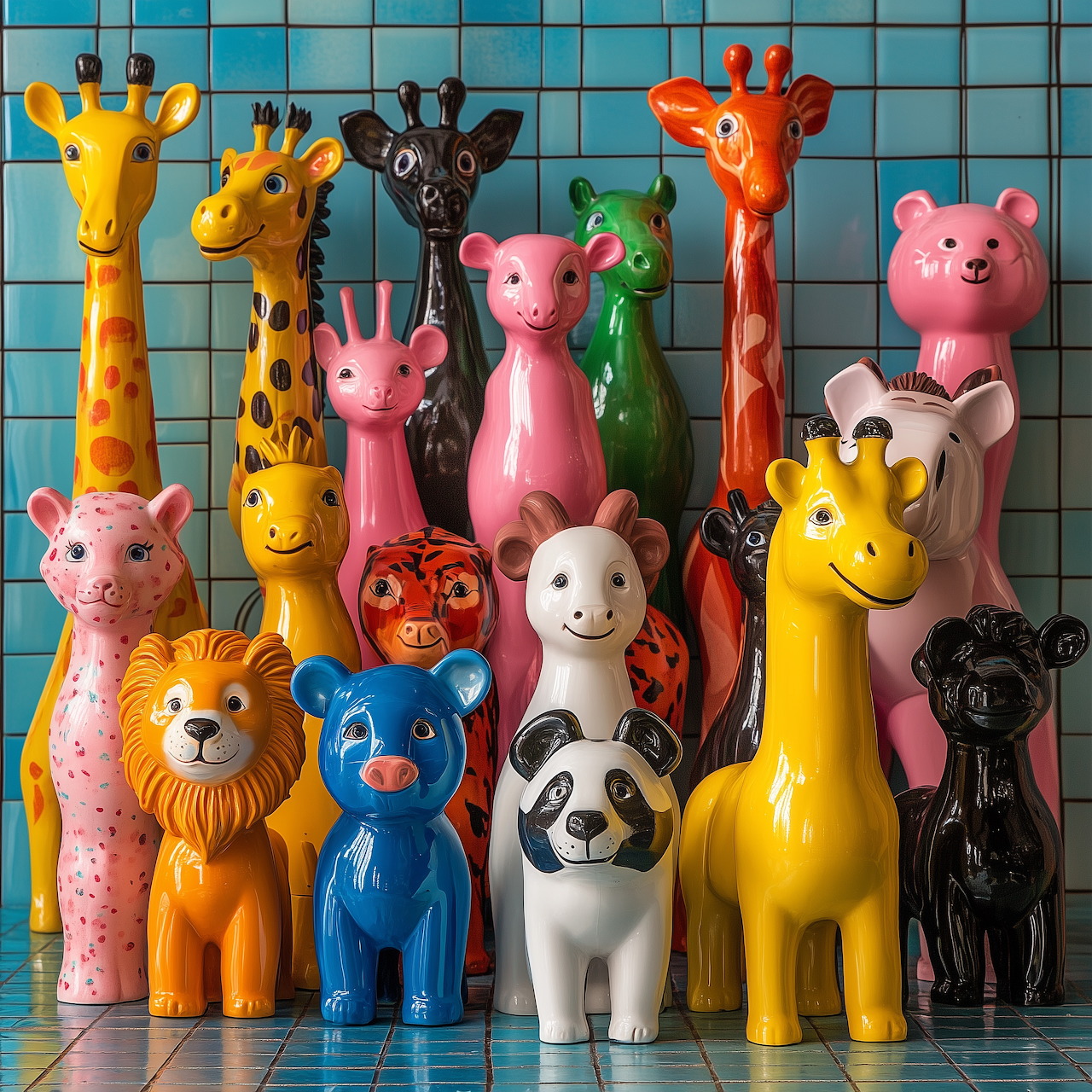 Colorful ceramic animal figurines arranged in rows against a blue tiled wall
