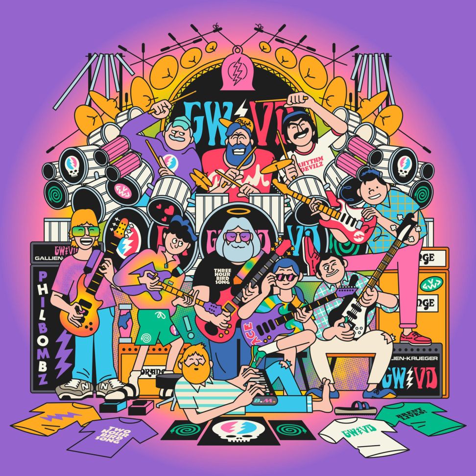 Colorful cartoon of diverse band members playing instruments on stage with decorative backdrop
