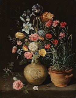 Classical still life painting of roses, lilies, iris and flowers in vase with terracotta pot on dark background