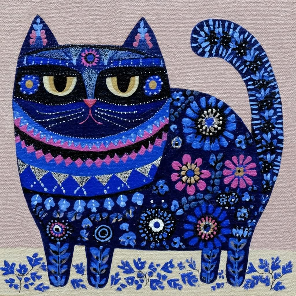 Blue folk art cat with colorful floral and geometric patterns on textured background