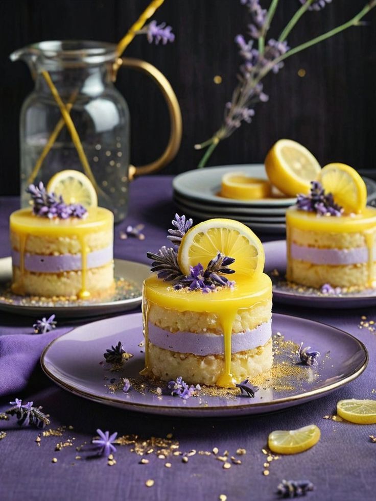 Three small yellow and purple layered cakes decorated with lavender flowers and lemon slices on purple plates
